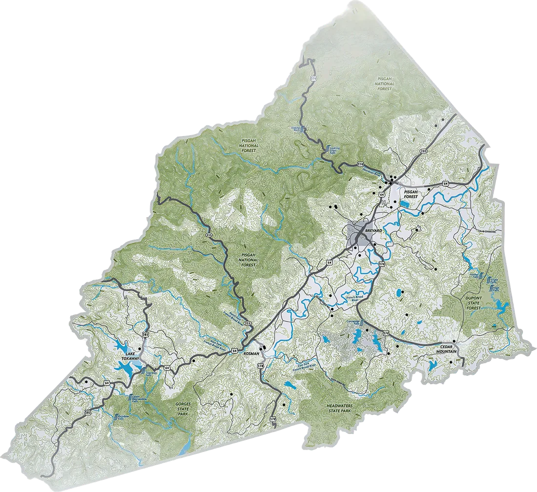 Outline map of Transylvania County, North Carolina, showing Brevard, Pisgah Forest, Rosman, Lake Toxaway, and surrounding national forest land